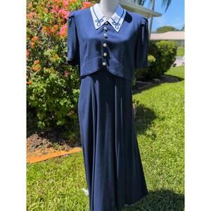 Vintage Miss Dorby Navy Blue Dress – White Contrast Collar & Buttons – Short...